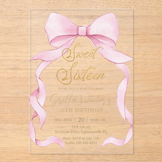 Mooie Coquette Roze Ribbon Bows Sweet 16 Verjaarda Acryl Uitnodigingen (Voorkant)