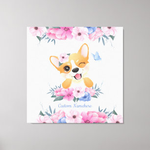 Mooie Corgi Hond Bloemenkrans Blauwe Vlinder Op Ma Canvas Afdruk