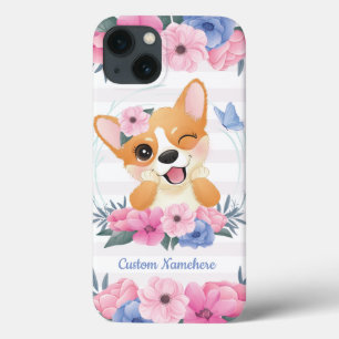 Mooie Corgi Hond Bloemenkrans Blauwe Vlinder Op Ma iPhone 13 Hoesje
