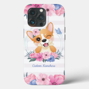 Mooie Corgi Hond Bloemenkrans Blauwe Vlinder Op Ma iPhone 13 Pro Hoesje