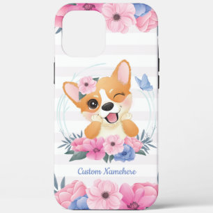 Mooie Corgi Hond Bloemenkrans Blauwe Vlinder Op Ma iPhone 12 Pro Max Hoesje