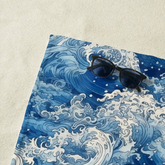 Mooie crashende blauwe oceaangolven strandlaken (In situ)