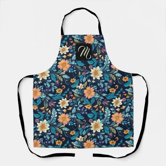 Mooie Cream, Sinaasappel en Blauwe Bloemen Schort (Voorkant)