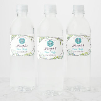 Mooie Cross Blue Floral First Heilige Communie Waterfles Etiket