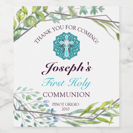 Mooie Cross Blue Floral First Heilige Communie Wijn Etiket (Enkel label)