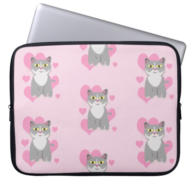 Mooie Cute Grey Cat Love Cartoon Pattern Laptop Sleeve (Voorkant)