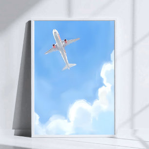 Mooie Dag Blauwe Lucht Wolken Vliegtuig Waterverf Poster