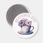 Mooie Dag   Thee Cup of Flowers Magneet (Voorkant / Achterkant)