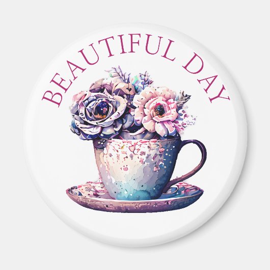 Mooie Dag   Thee Cup of Flowers Magneet (Voorkant)