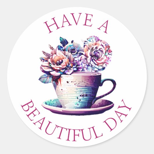 Mooie Dag   Thee Cup of Flowers Ronde Sticker (Voorkant)