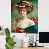  mooie dame, bloem Pet en kersen Poster (Thuiskantoor)
