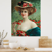  mooie dame, bloem Pet en kersen Poster (Keuken)