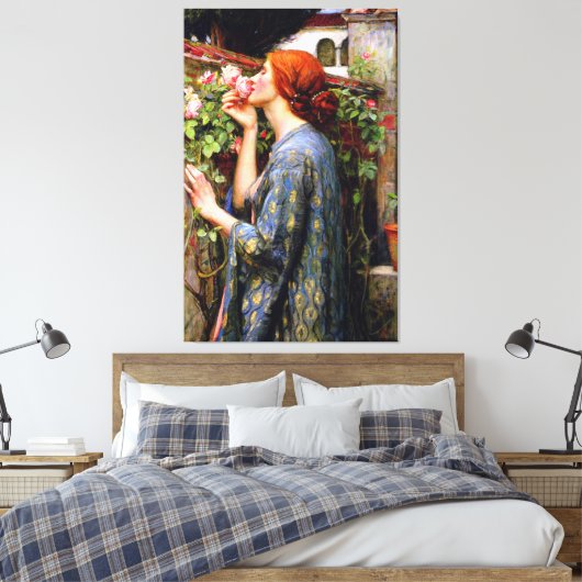 mooie dame en roze roze roze bloem canvas afdruk (Insitu (Slaapkamer))