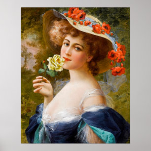 mooie dame in blauw, gele rozenbloem poster