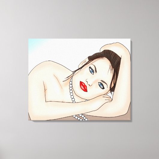 Mooie dame in parels met blauwe ogen canvas afdruk (Voorkant)