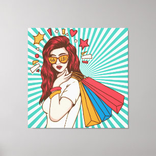 Mooie dame met boodschappentas canvas afdruk
