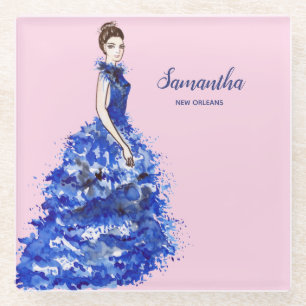 Mooie dame met Mode van de Sparkly Blue Gown Glazen Onderzetter