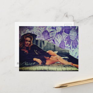 Mooie dame uit 1969 Paarse Bloemen Collage Briefkaart