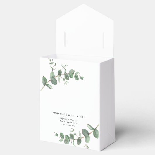 Mooie, delicate eucalyptusbruinbruiloft bedankdoosjes (Geopend)