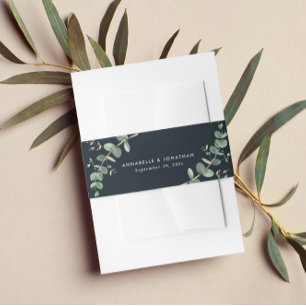 Mooie, delicate eucalyptuschic zwarte bruiloft uitnodigingen wikkel