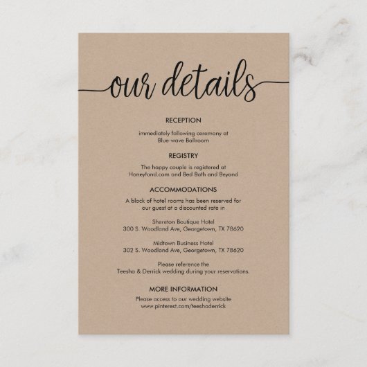 Mooie details van onze bruiloft, rustieke zwarte i informatiekaartje (Voorkant)