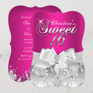 Mooie diamanten strik hete roze Sweet 16 uitnodigi Kaart