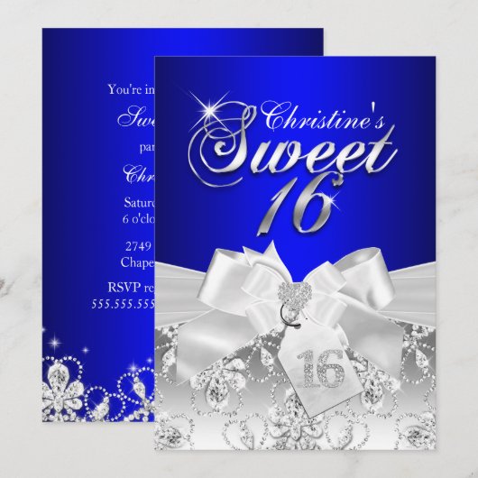 Mooie diamanten strik Royal Blue Sweet 16 uitnodig Kaart (Voorkant / Achterkant)