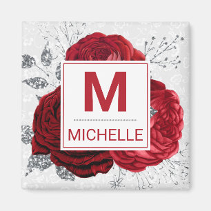 Mooie Dieprode en Zilveren Bloemen Monogram Magneet