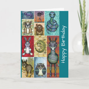 Mooie Dieren Collage Folk Art Ontwerp Verjaardag Kaart