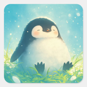 Mooie dikke baby pinguïn rustend in groene weide vierkante sticker
