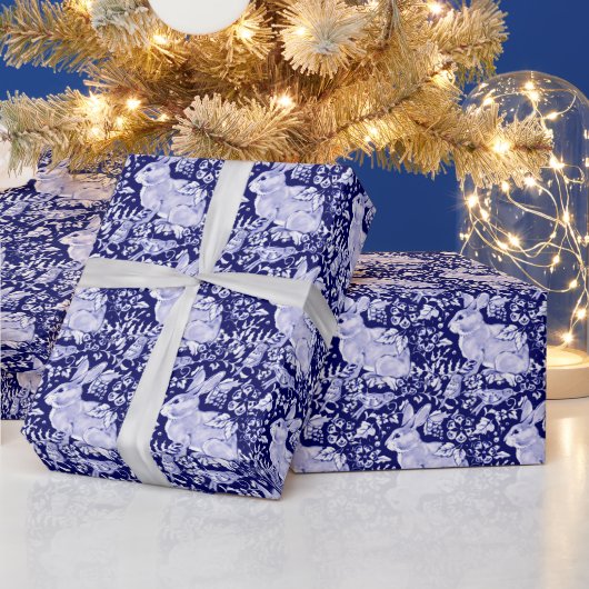 Mooie Donkere Blauw en witte konijn Dedham Delft Cadeaupapier (Feestdagen)