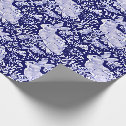 Mooie Donkere Blauw en witte konijn Dedham Delft Cadeaupapier (Hoek)