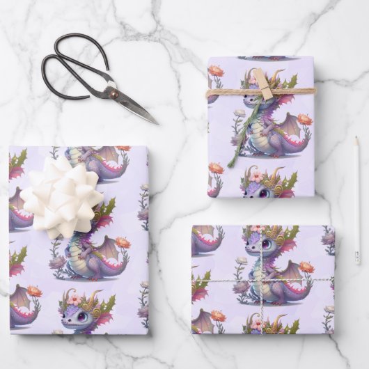 Mooie Draak met Elegant Kroon Patterned Inpakpapier Vel (Voorkant)