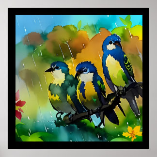Mooie Drie Kleurrijke Vogels Zittend Op Tak I Poster