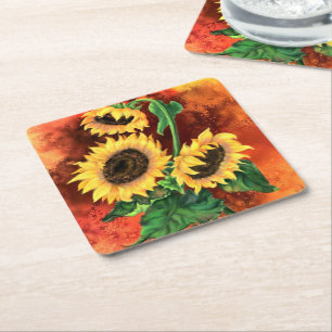 Mooie drie zonnebloemen - Migned Art Painting Vierkante Kartonnen Onderzetter