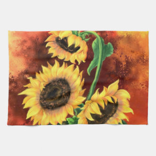Mooie drie zonnebloemen - Schilderen Theedoek