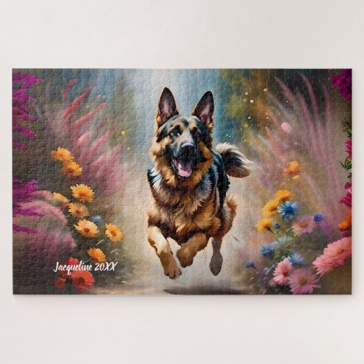 Mooie Duitse Herder Hond & Bloemen Legpuzzel (Horizontaal)