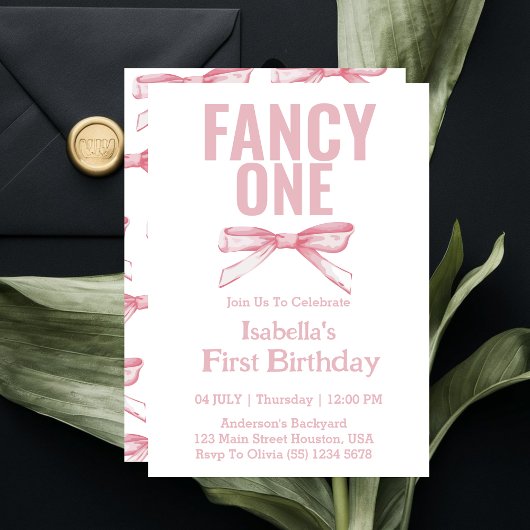 Mooie Eén Roze Strik Coquette Meisje 1e Verjaardag Kaart