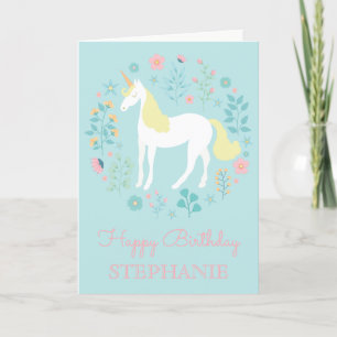 Mooie Eenhoorn & Bloemen Gepersonaliseerde Aqua Kaart