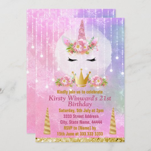 Mooie Eenhoorn Gezicht Roze Bloemen Verjaardagsfee Kaart (Voorkant / Achterkant)