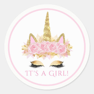 Mooie Eenhoorn Gezicht Roze Goud Baby Shower Stick Ronde Sticker