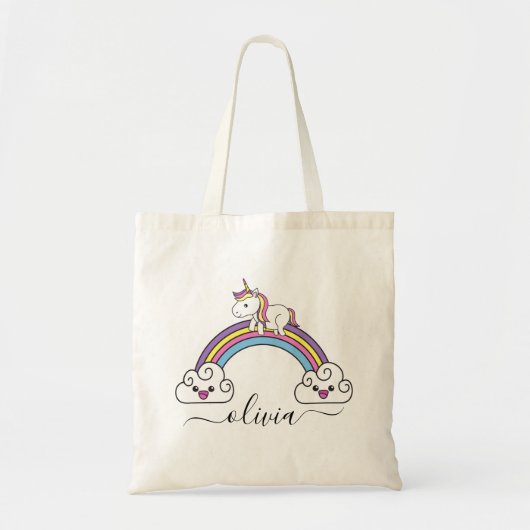 Mooie Eenhoorn Op Regenboog Aangepaste Naam Tote Bag (Voorkant)