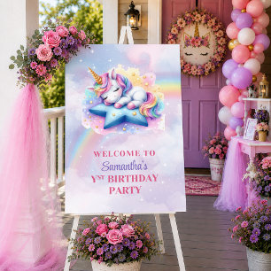 Mooie Eenhoorn Roze Paars Meisje Verjaardag Welkom Poster