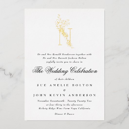 Mooie Elegant Floral GOLD Monogram Weddenschap Folie Uitnodiging (Voorkant)