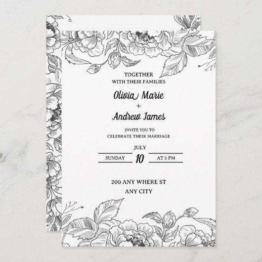 Mooie elegante bloemen bruiloft uitnodiging (Voorkant / Achterkant)