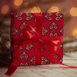 Mooie & Elegante Boho Harten Rood Vintage Patroon Cadeaupapier