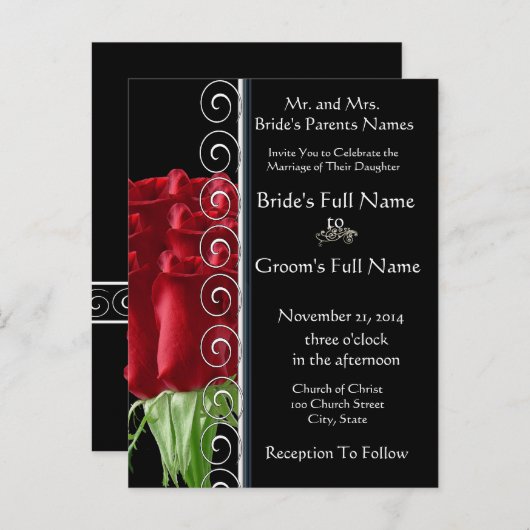Mooie elegante rode roos bruiloft uitnodiging (Voorkant / Achterkant)