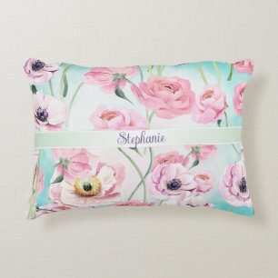 Mooie Elegante Roze Bloemen Rozen Monogram met Accent Kussen