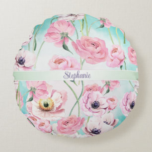 Mooie Elegante Roze Bloemen Rozen Monogram met Rond Kussen