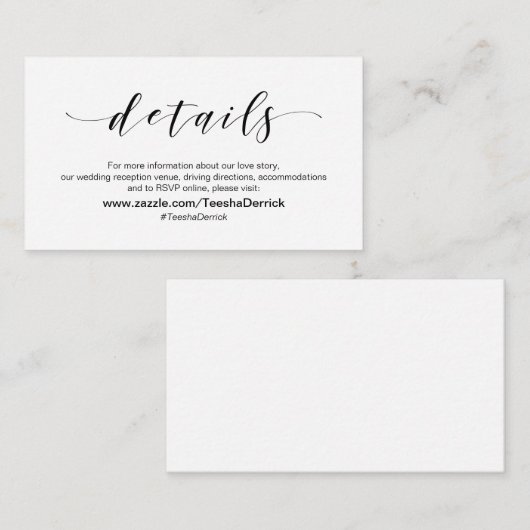 Mooie elegantie, zwart script, bruiloft details informatiekaartje (Voorkant / Achterkant)